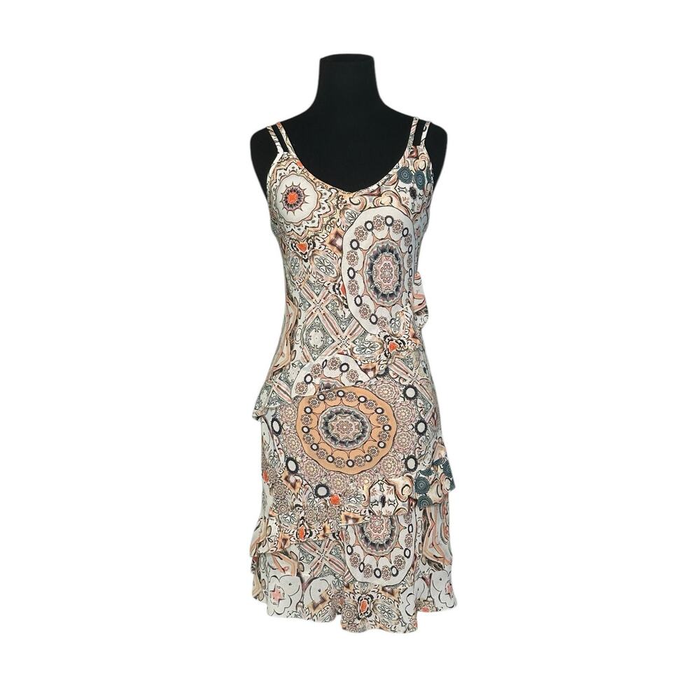 Gregory beige colrful floral ruffled garden party dress size 38 - Small